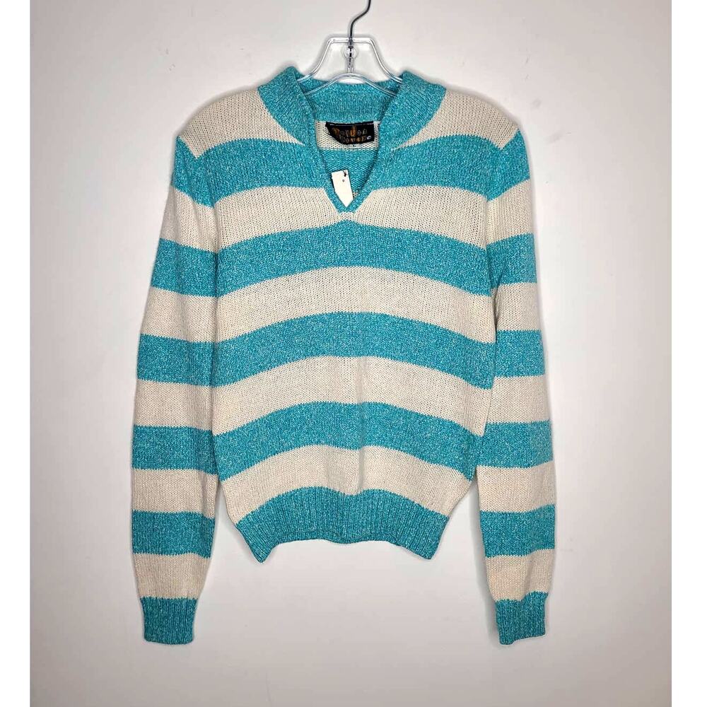 NWT Vintage Golden Touch teal white striped silk blend long sleeve sweater - M/L